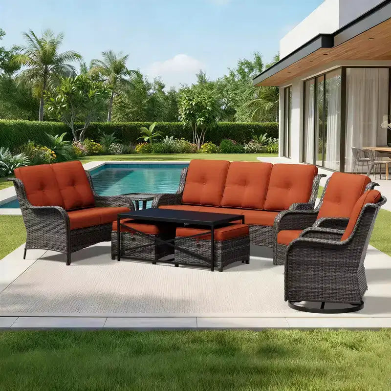 Conjunto premium de sofá para exterior UPTIOT con sillas giratorias y pufs multifuncionales