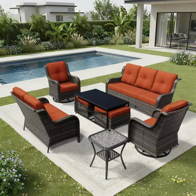 Conjunto premium de sofá para exterior UPTIOT con sillas giratorias y pufs multifuncionales