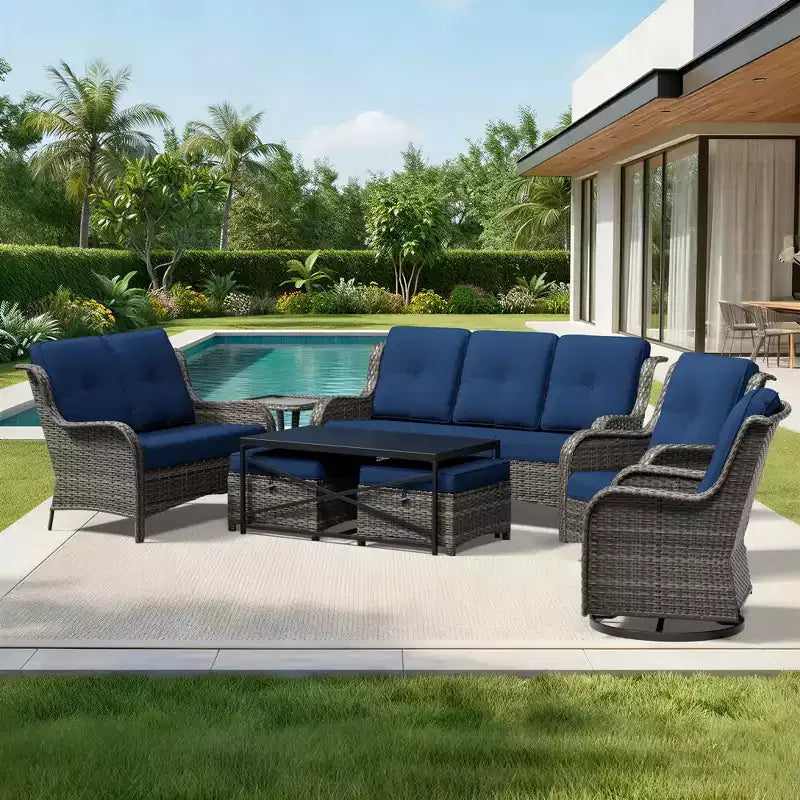 Conjunto premium de sofá para exterior UPTIOT con sillas giratorias y pufs multifuncionales