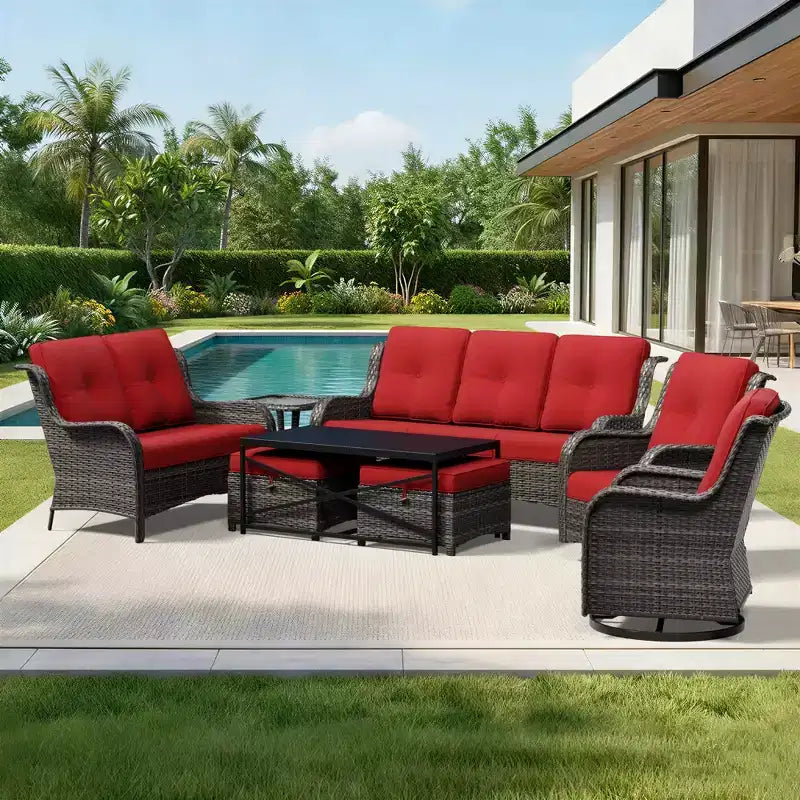 Conjunto premium de sofá para exterior UPTIOT con sillas giratorias y pufs multifuncionales