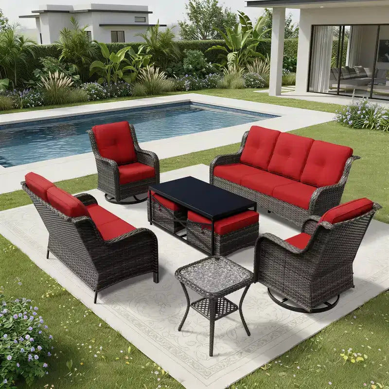 Conjunto premium de sofá para exterior UPTIOT con sillas giratorias y pufs multifuncionales