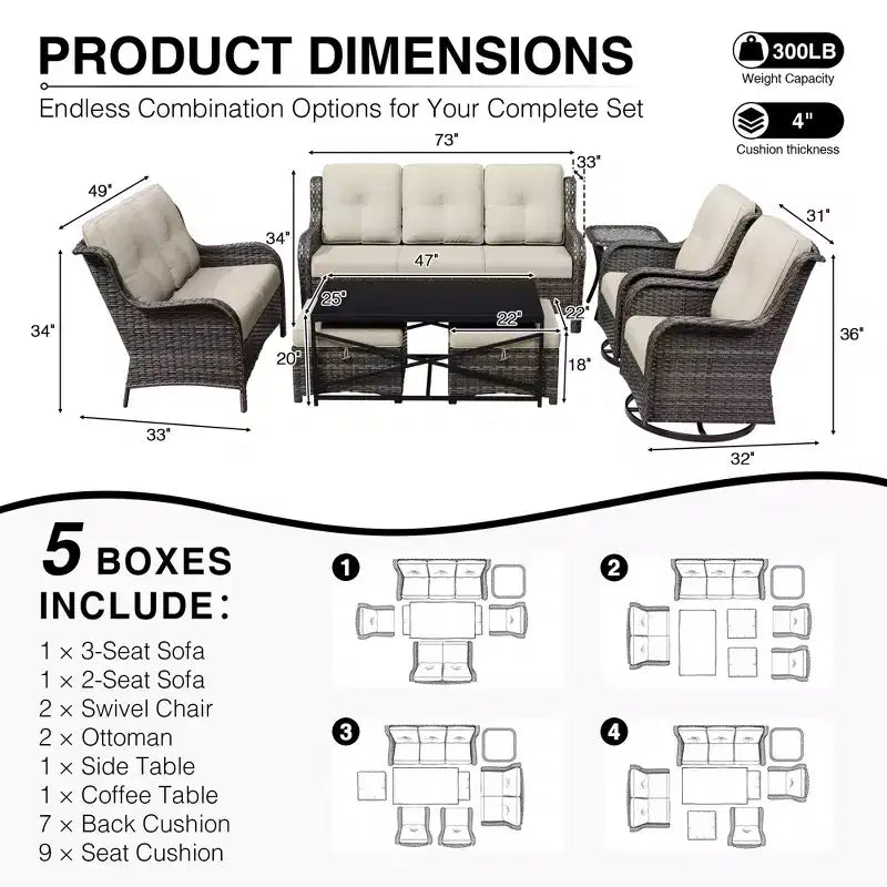 Conjunto premium de sofá para exterior UPTIOT con sillas giratorias y pufs multifuncionales