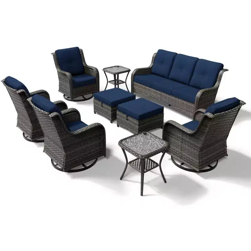 Juego de sofá premium para exteriores de 3 plazas UPTIOT con 4 sillas giratorias, 2 otomanas y mesas auxiliares