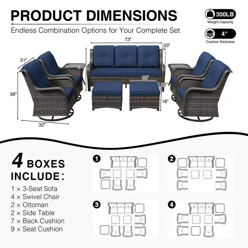 Juego de sofá premium para exteriores de 3 plazas UPTIOT con 4 sillas giratorias, 2 otomanas y mesas auxiliares