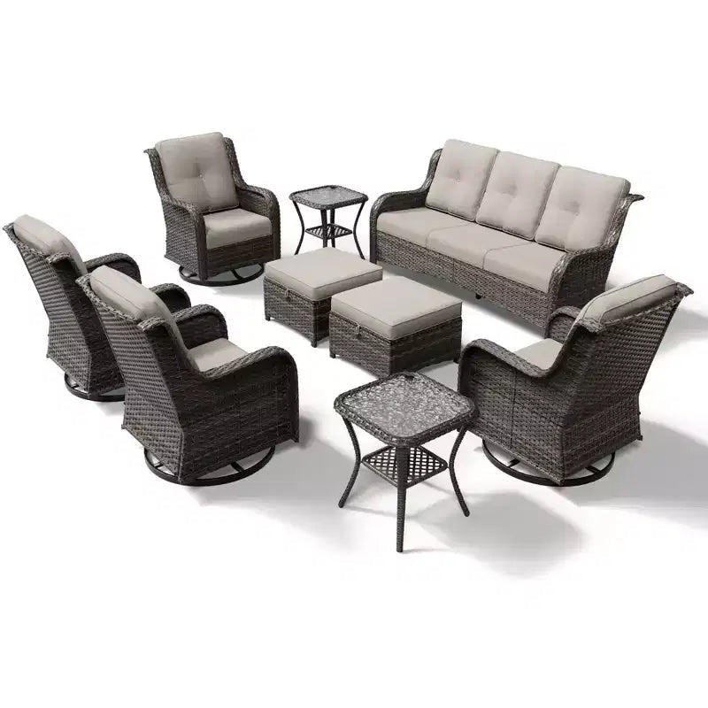 Juego de sofá premium para exteriores de 3 plazas UPTIOT con 4 sillas giratorias, 2 otomanas y mesas auxiliares