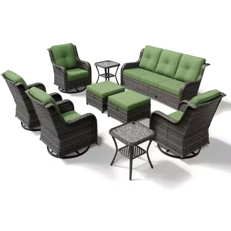 Juego de sofá premium para exteriores de 3 plazas UPTIOT con 4 sillas giratorias, 2 otomanas y mesas auxiliares