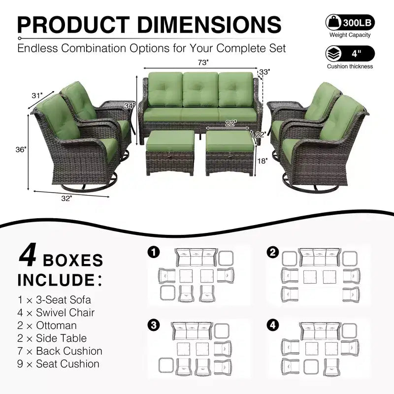 Juego de sofá premium para exteriores de 3 plazas UPTIOT con 4 sillas giratorias, 2 otomanas y mesas auxiliares