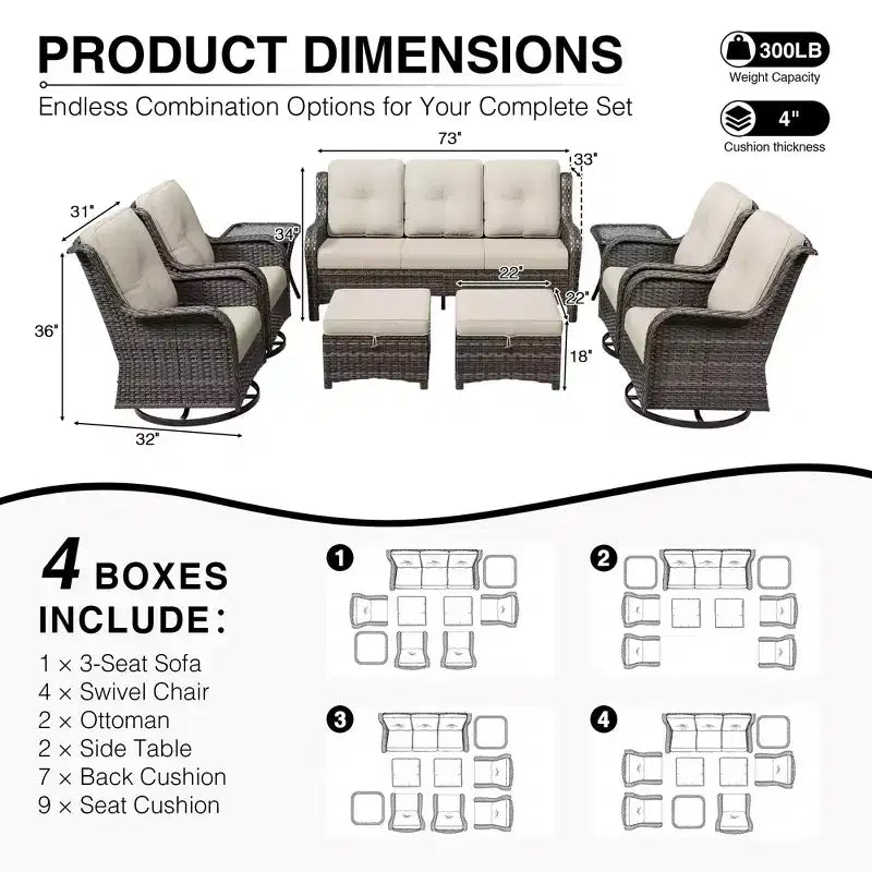 Juego de sofá premium para exteriores de 3 plazas UPTIOT con 4 sillas giratorias, 2 otomanas y mesas auxiliares