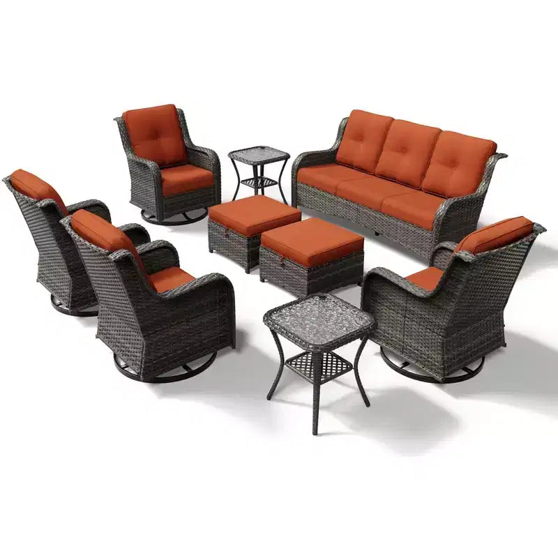 Juego de sofá premium para exteriores de 3 plazas UPTIOT con 4 sillas giratorias, 2 otomanas y mesas auxiliares