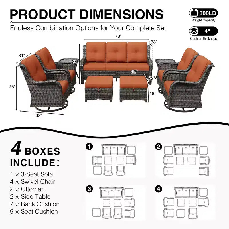 Juego de sofá premium para exteriores de 3 plazas UPTIOT con 4 sillas giratorias, 2 otomanas y mesas auxiliares