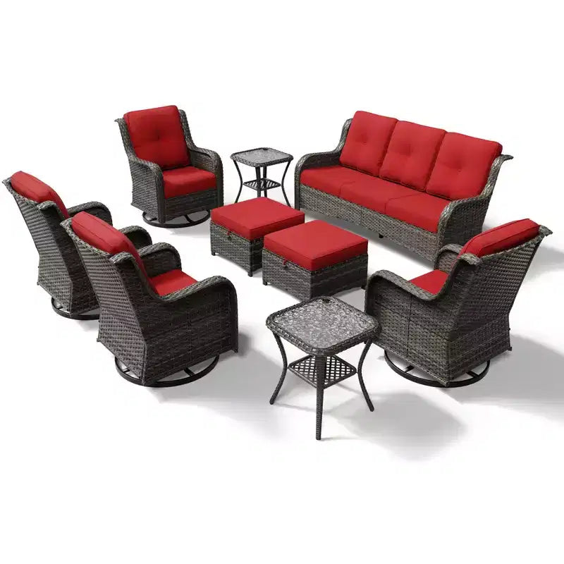 Juego de sofá premium para exteriores de 3 plazas UPTIOT con 4 sillas giratorias, 2 otomanas y mesas auxiliares