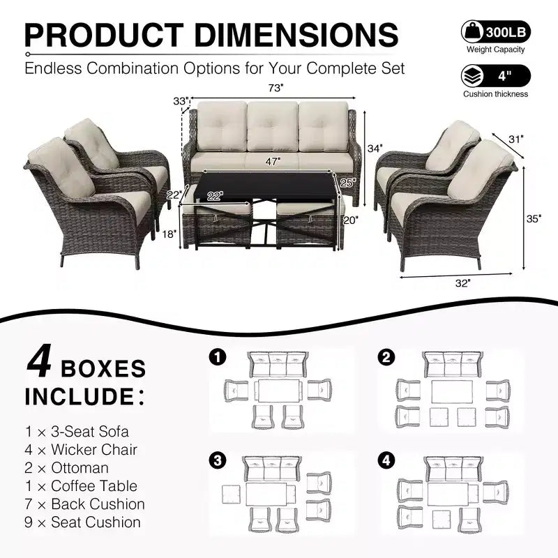 Conjunto de sofá para exteriores UPTIOT resistente a todo tipo de clima, con otomana convertible y mesa de centro