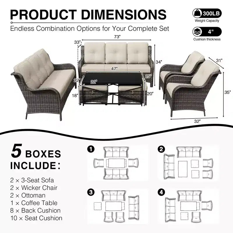 Conjunto de sofá premium para exteriores UPTIOT con sillas de mimbre, otomanas y mesa de centro