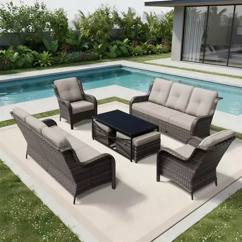 Conjunto de sofá premium para exteriores UPTIOT con sillas de mimbre, otomanas y mesa de centro