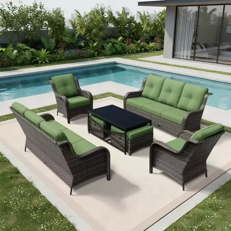 Conjunto de sofá premium para exteriores UPTIOT con sillas de mimbre, otomanas y mesa de centro