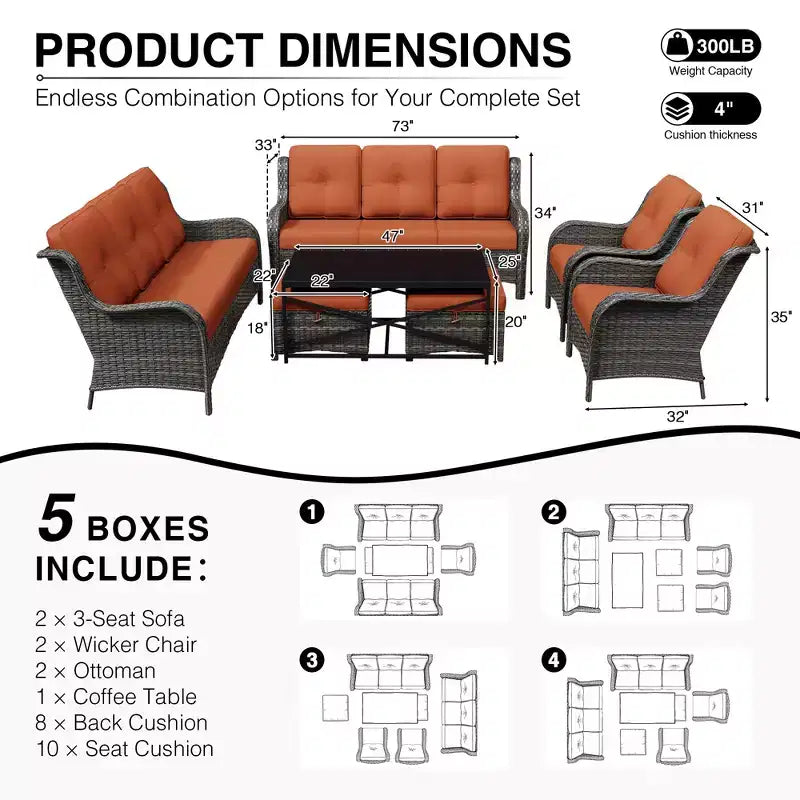 Conjunto de sofá premium para exteriores UPTIOT con sillas de mimbre, otomanas y mesa de centro