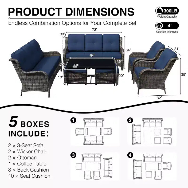 Conjunto de sofá premium para exteriores UPTIOT con sillas de mimbre, otomanas y mesa de centro