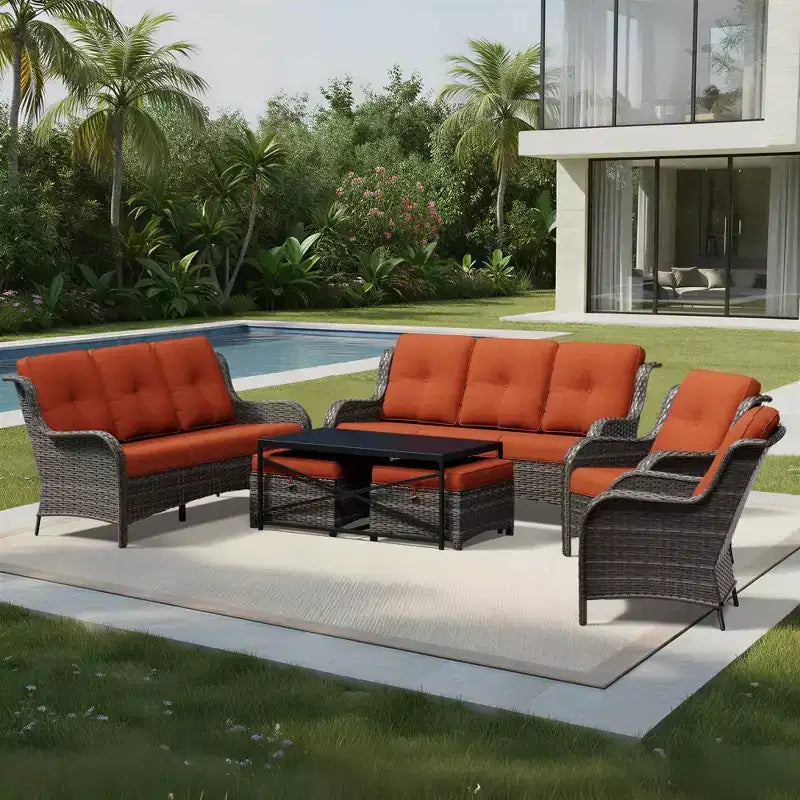 Conjunto de sofá premium para exteriores UPTIOT con sillas de mimbre, otomanas y mesa de centro
