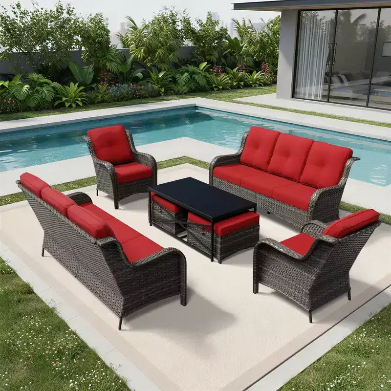 Conjunto de sofá premium para exteriores UPTIOT con sillas de mimbre, otomanas y mesa de centro