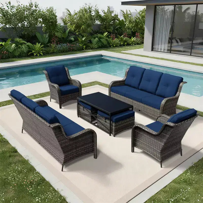 Conjunto de sofá premium para exteriores UPTIOT con sillas de mimbre, otomanas y mesa de centro