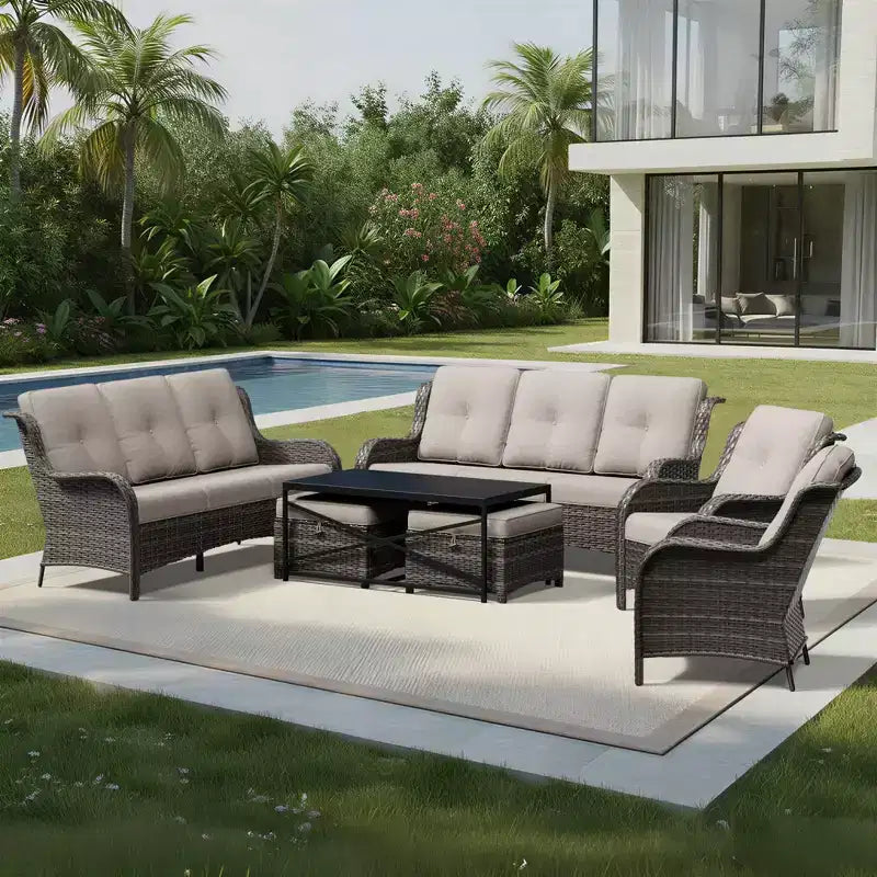 Conjunto de sofá premium para exteriores UPTIOT con sillas de mimbre, otomanas y mesa de centro
