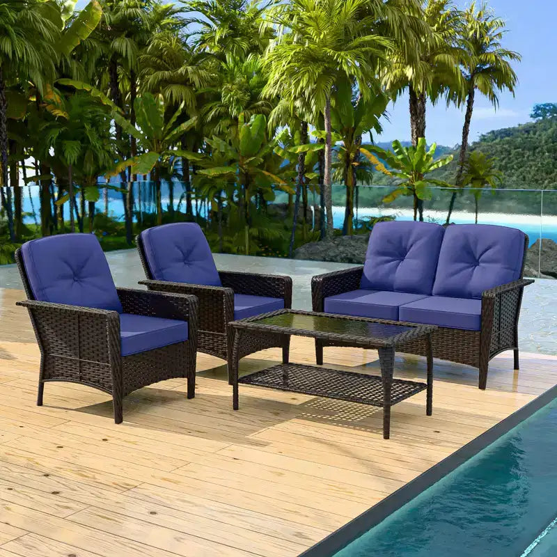 Conjunto de muebles de exterior de 4 piezas EAGLE PEAK, sofá de mimbre de PE para patio y 2 sillas con mesa de centro, conjunto de conversación de ratán