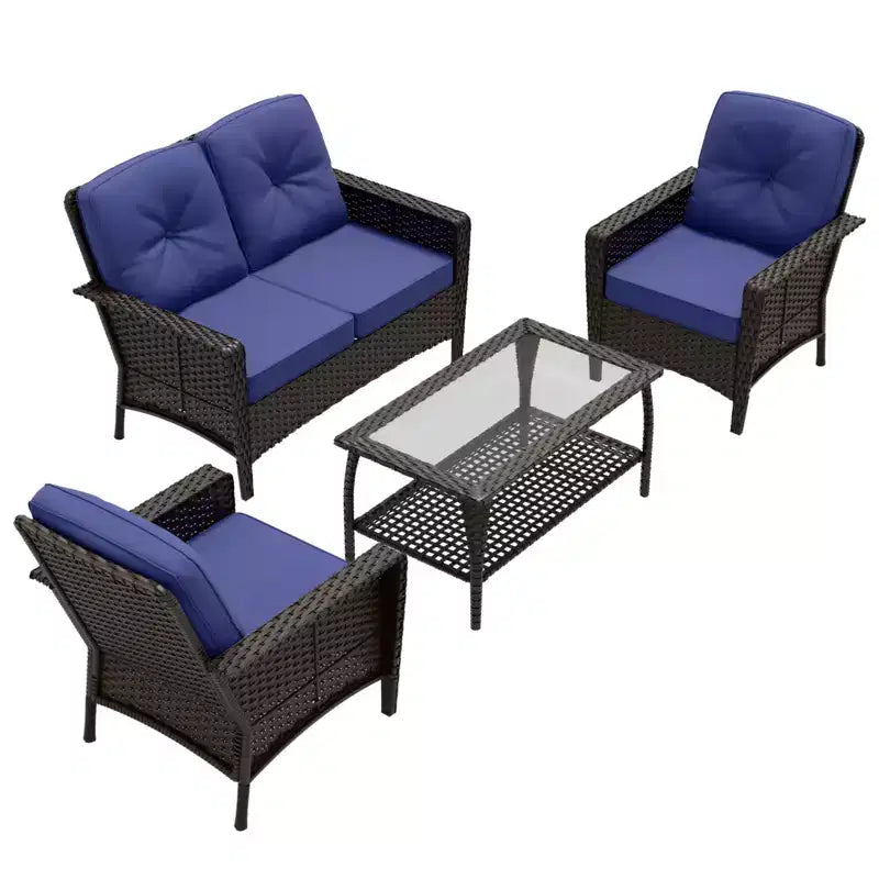 Conjunto de muebles de exterior de 4 piezas EAGLE PEAK, sofá de mimbre de PE para patio y 2 sillas con mesa de centro, conjunto de conversación de ratán