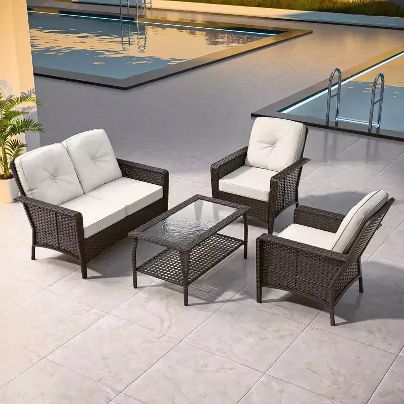 Conjunto de muebles de exterior de 4 piezas EAGLE PEAK, sofá de mimbre de PE para patio y 2 sillas con mesa de centro, conjunto de conversación de ratán