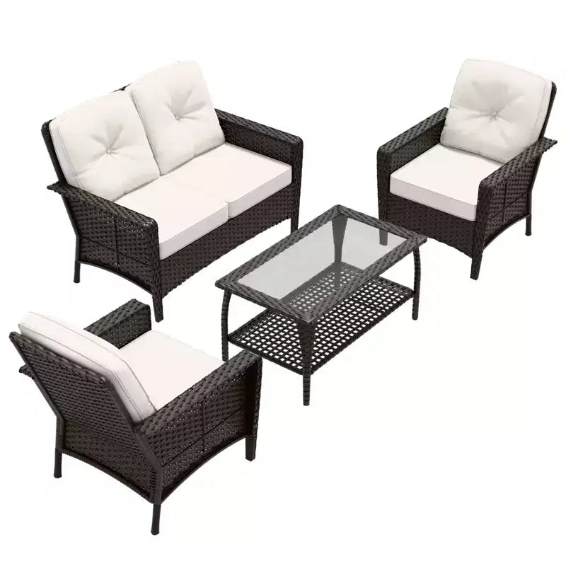 Conjunto de muebles de exterior de 4 piezas EAGLE PEAK, sofá de mimbre de PE para patio y 2 sillas con mesa de centro, conjunto de conversación de ratán