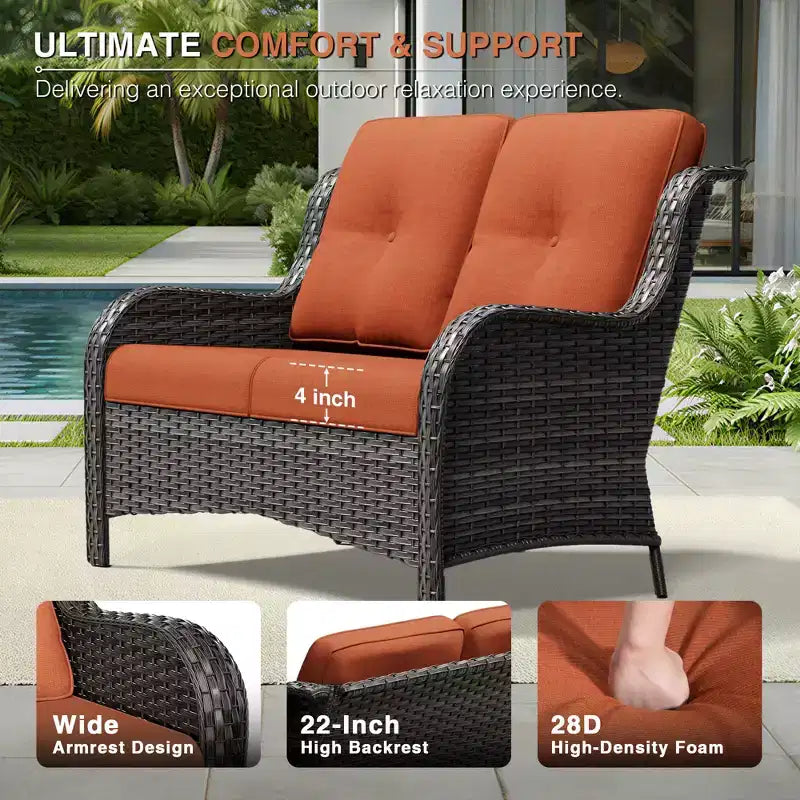 UPTIOT Juego de sofá de mimbre de 2 plazas para exterior con dos otomanas multifuncionales