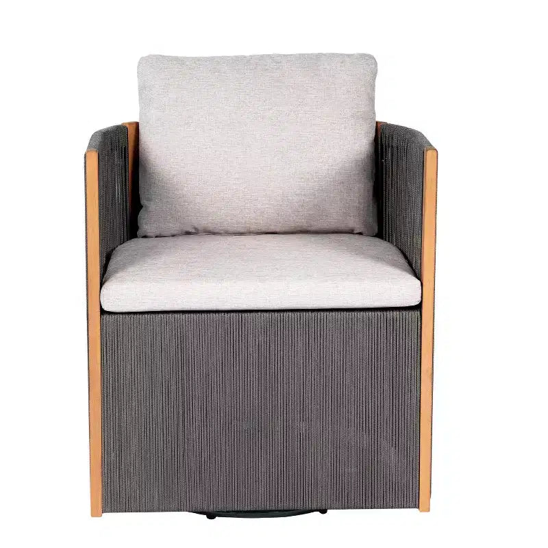Conjunto Christopher Knight Home Yamina de 2 piezas con silla giratoria de cuerda para exterior y mesa auxiliar de madera de acacia