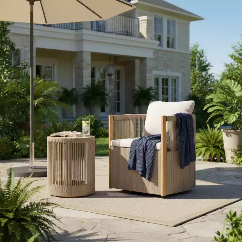 Conjunto Christopher Knight Home Yamina de 2 piezas con silla giratoria de cuerda para exterior y mesa auxiliar de madera de acacia