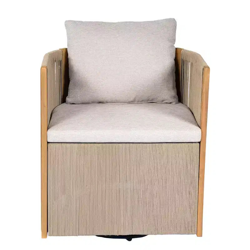 Conjunto Christopher Knight Home Yamina de 2 piezas con silla giratoria de cuerda para exterior y mesa auxiliar de madera de acacia