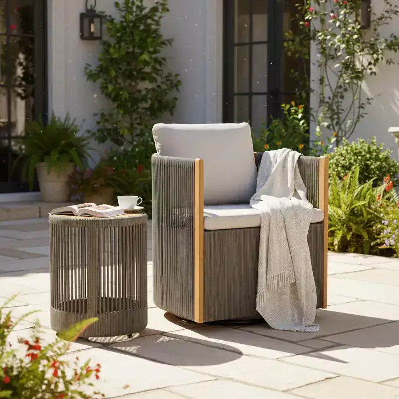 Christopher Knight Home Yamina Modernes 2-teiliges Set aus drehbarem Outdoor-Seilsessel und Beistelltisch aus Akazienholz