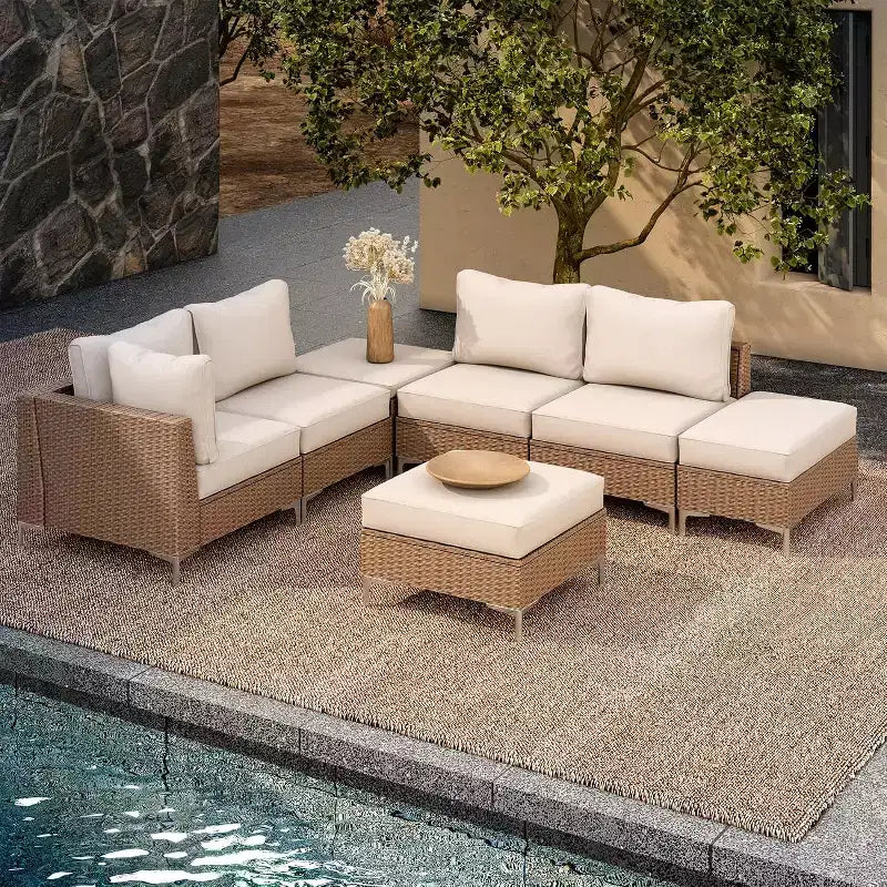 LAUSAINT HOME 7 Pieces Outdoor Patio Furniture Set, Sectional Conversation Sofa with Adjustable Backrests & Storage Ottoman, Beige