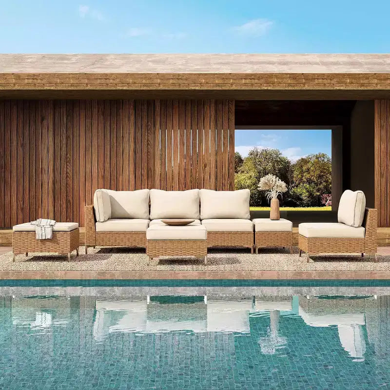Conjunto de muebles de exterior para patio de 7 piezas LAUSAINT HOME, sofá seccional de conversación con respaldos ajustables y otomana con almacenamiento, beige