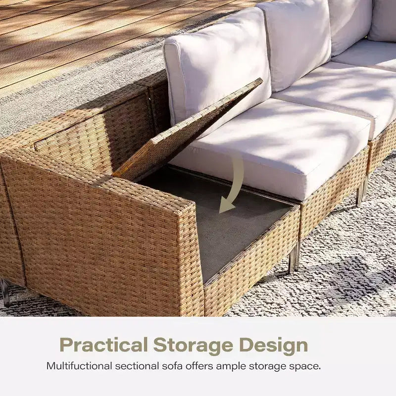 Conjunto de muebles de exterior para patio de 7 piezas LAUSAINT HOME, sofá seccional de conversación con respaldos ajustables y otomana con almacenamiento, beige