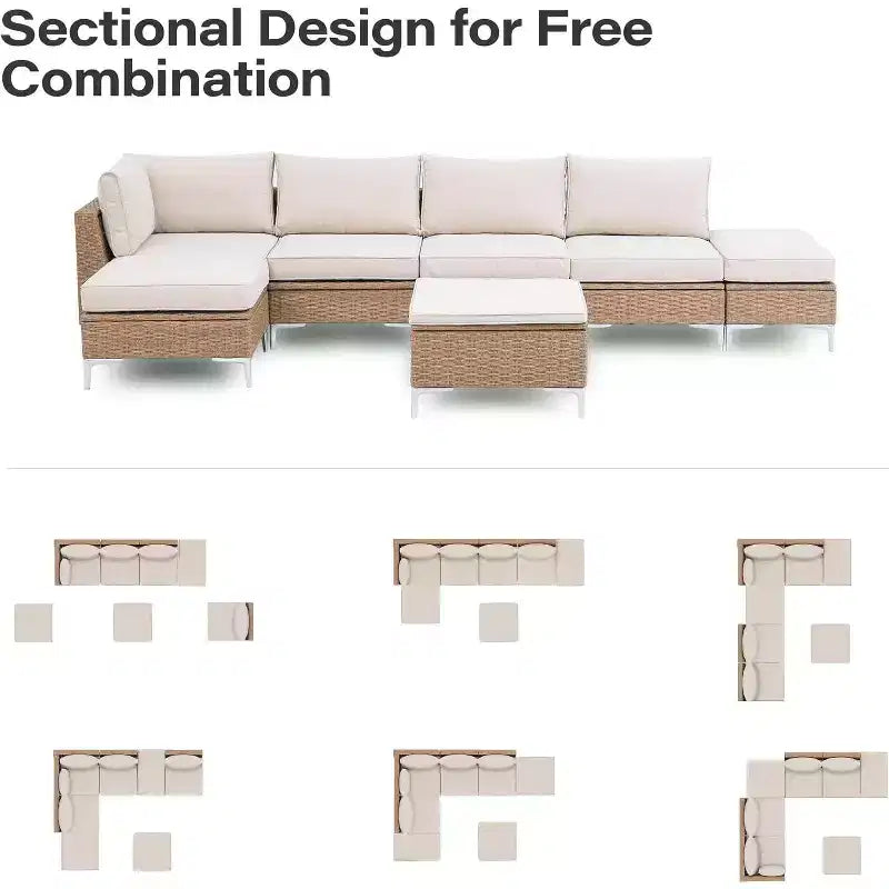 Conjunto de muebles de exterior para patio de 7 piezas LAUSAINT HOME, sofá seccional de conversación con respaldos ajustables y otomana con almacenamiento, beige