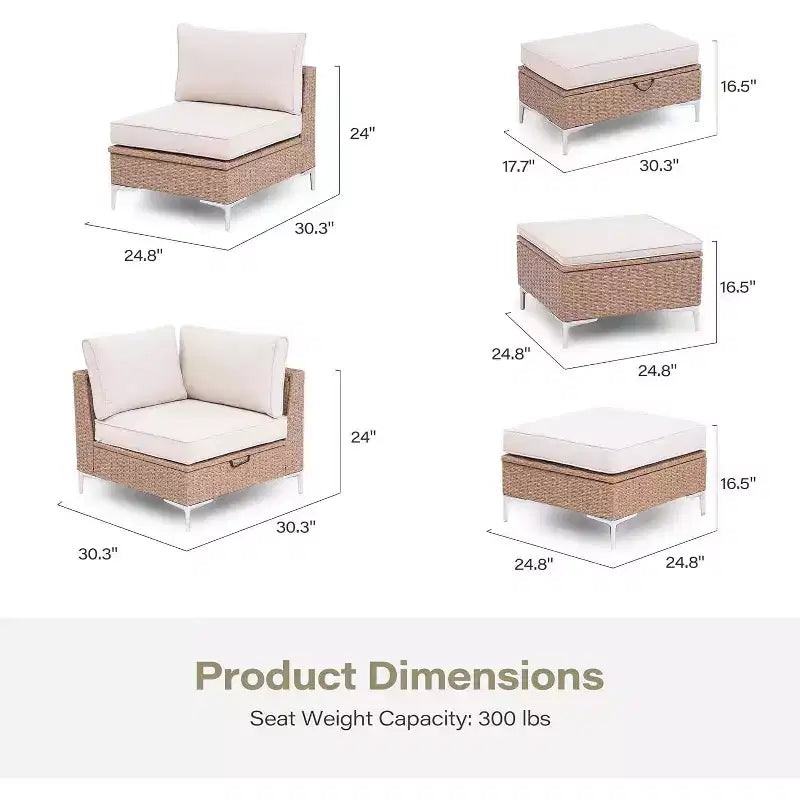 Conjunto de muebles de exterior para patio de 7 piezas LAUSAINT HOME, sofá seccional de conversación con respaldos ajustables y otomana con almacenamiento, beige