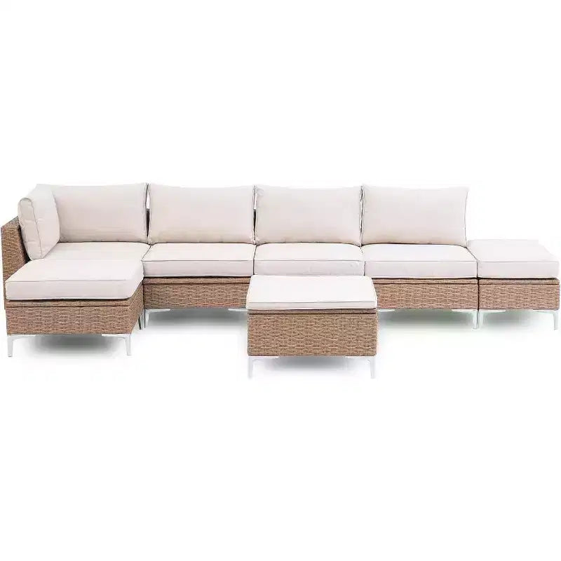 Conjunto de muebles de exterior para patio de 7 piezas LAUSAINT HOME, sofá seccional de conversación con respaldos ajustables y otomana con almacenamiento, beige
