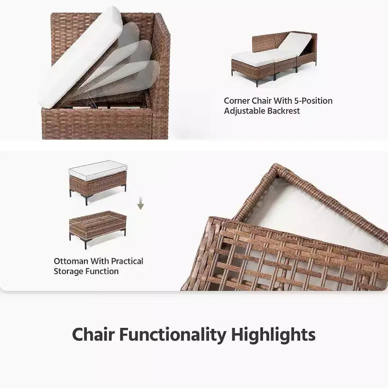 Ensemble de mobilier de terrasse extérieur LAUSAINT HOME 8 pièces, canapé modulable de conversation en résine tressée PE avec dossiers réglables, pouf de rangement