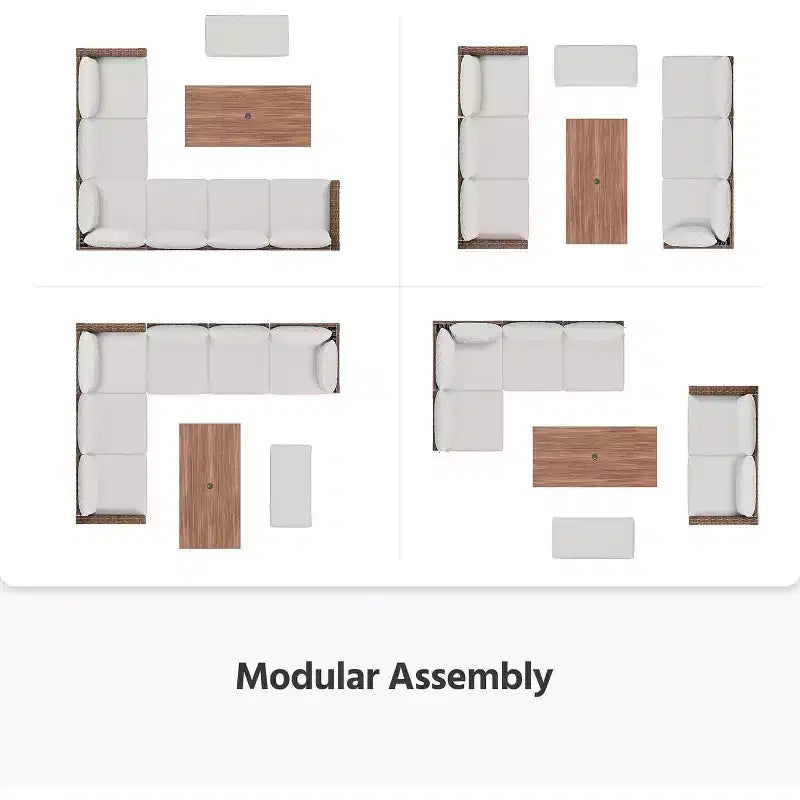 Ensemble de mobilier de terrasse extérieur LAUSAINT HOME 8 pièces, canapé modulable de conversation en résine tressée PE avec dossiers réglables, pouf de rangement