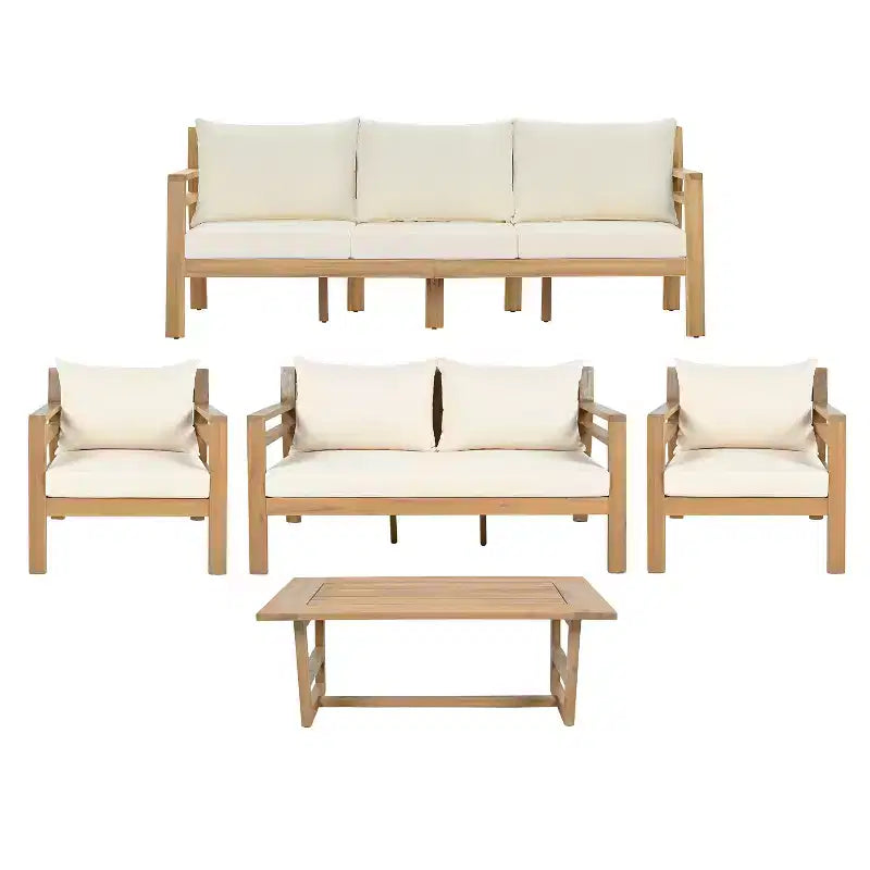 Ensemble moderne de sièges de patio Niran de Christopher Knight Home, 5 pièces, en bois d’acacia, avec dossier incurvé et coussins