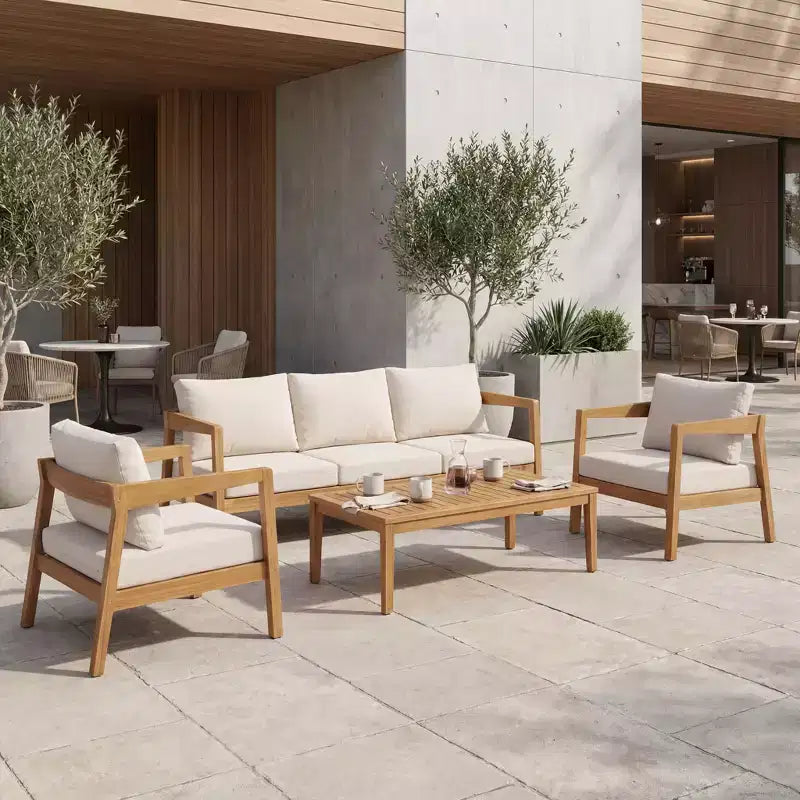 Ensemble de sièges de patio moderne Christopher Knight Home Phachara, 4 pièces, en bois d'acacia avec coussins et table à lattes