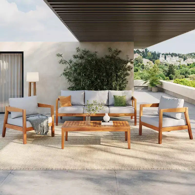 Ensemble de sièges de patio moderne Christopher Knight Home Phachara, 4 pièces, en bois d'acacia avec coussins et table à lattes