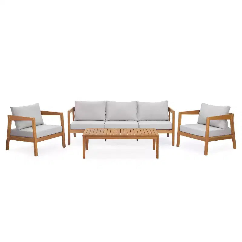 Ensemble de sièges de patio moderne Christopher Knight Home Phachara, 4 pièces, en bois d'acacia avec coussins et table à lattes