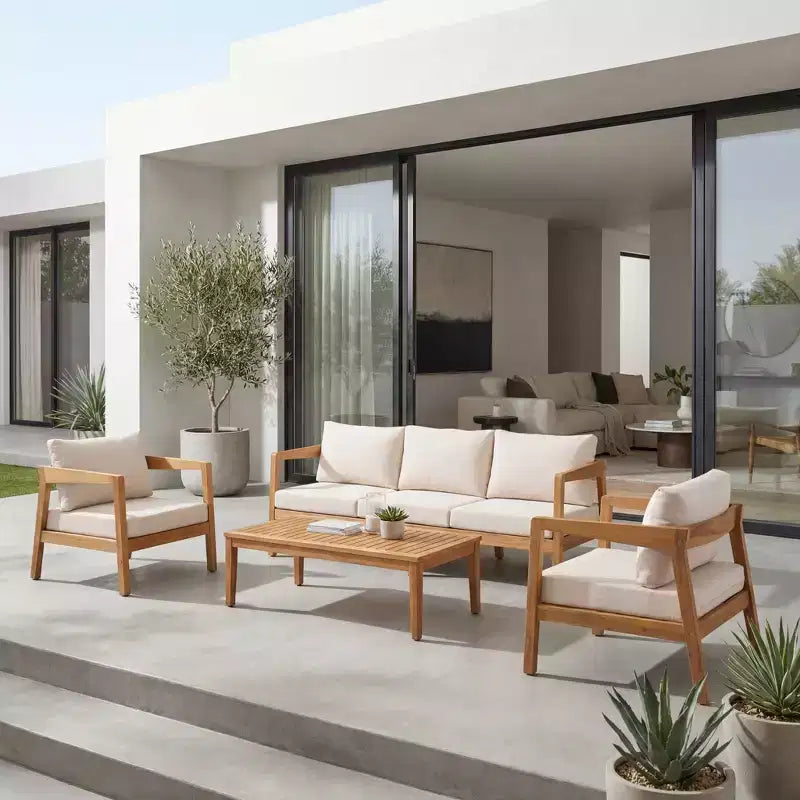Ensemble de sièges de patio moderne Christopher Knight Home Phachara, 4 pièces, en bois d'acacia avec coussins et table à lattes