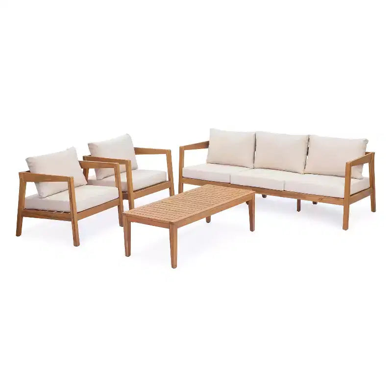 Ensemble de sièges de patio moderne Christopher Knight Home Phachara, 4 pièces, en bois d'acacia avec coussins et table à lattes