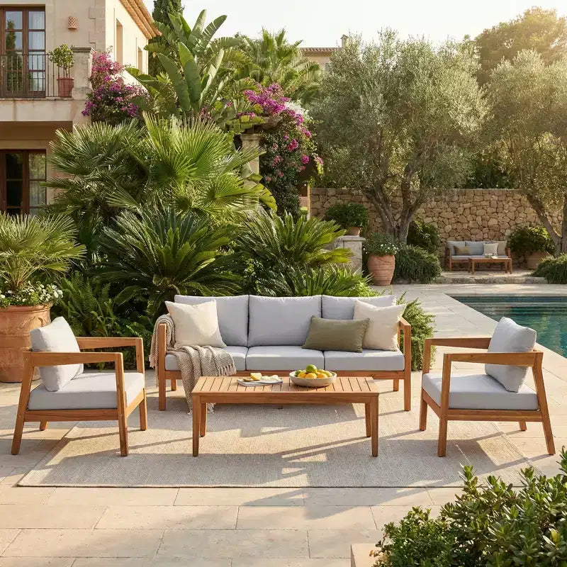 Conjunto de asientos moderno para patio de 4 piezas Phachara de Christopher Knight Home, de madera de acacia, con cojines y mesa de listones