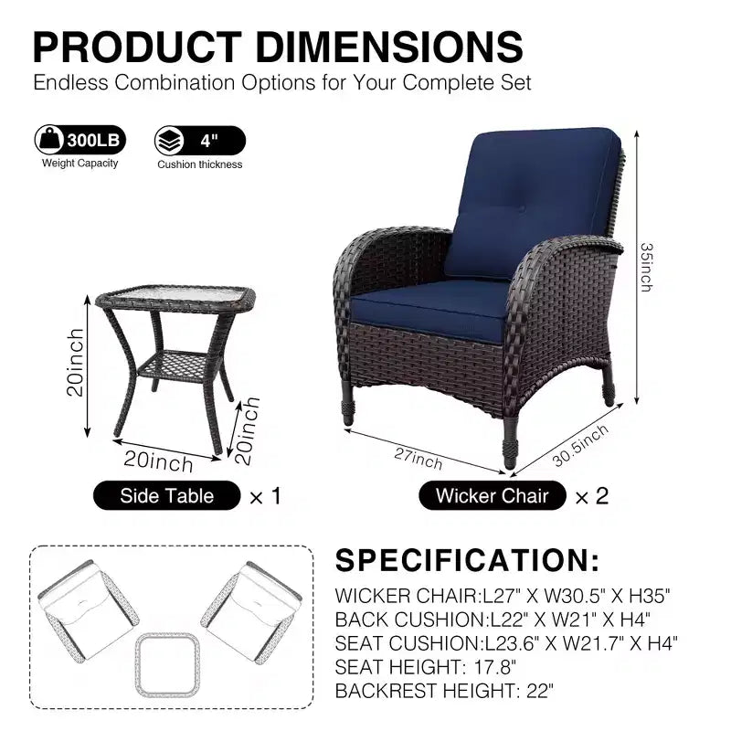 Conjunto UPTIOT de silla y mesa auxiliar de mimbre para exterior con cojines prémium de olefina para relajarse en el patio